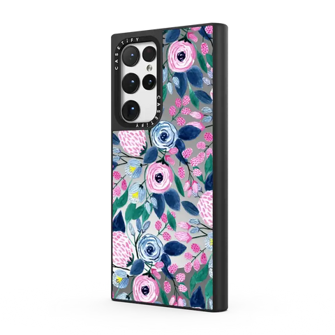 Girly Pink Navy Blue Watercolor Flowers Roses Leaves Pattern
