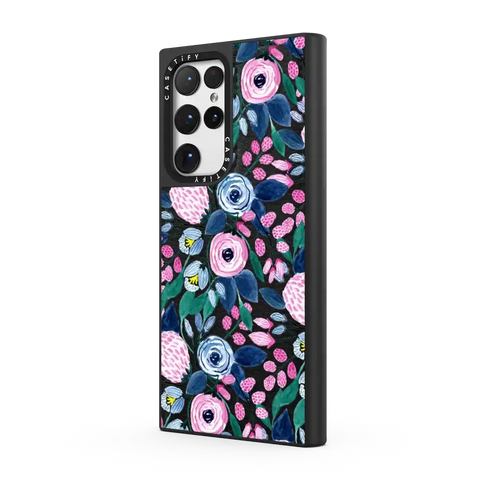 Girly Pink Navy Blue Watercolor Flowers Roses Leaves Pattern