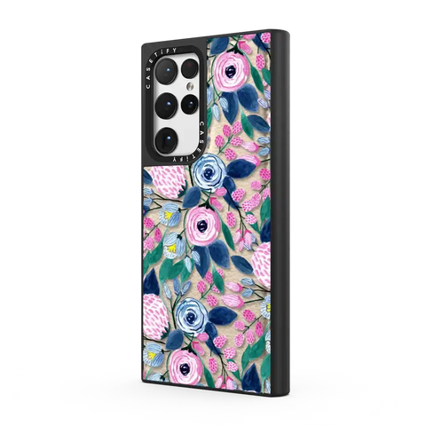 Girly Pink Navy Blue Watercolor Flowers Roses Leaves Pattern