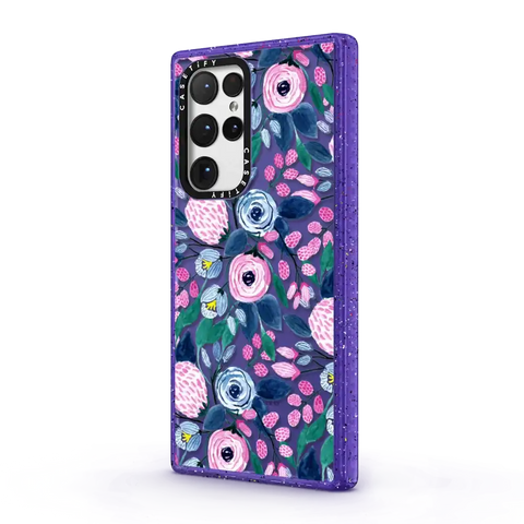 Girly Pink Navy Blue Watercolor Flowers Roses Leaves Pattern