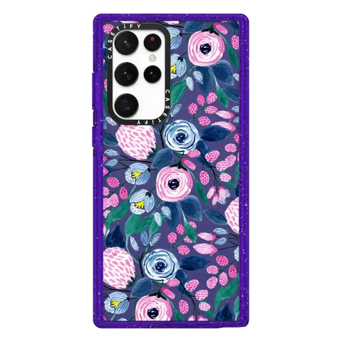 Girly Pink Navy Blue Watercolor Flowers Roses Leaves Pattern
