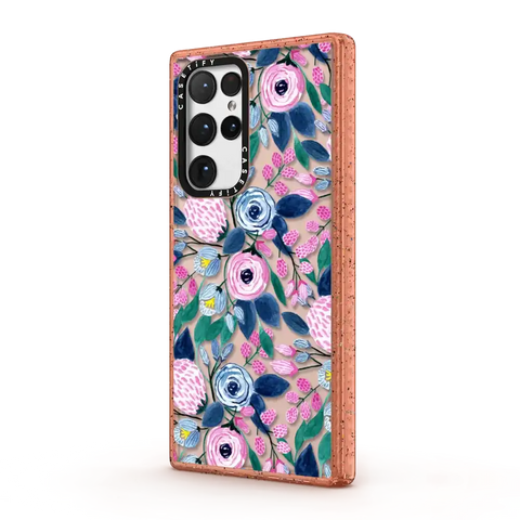 Girly Pink Navy Blue Watercolor Flowers Roses Leaves Pattern