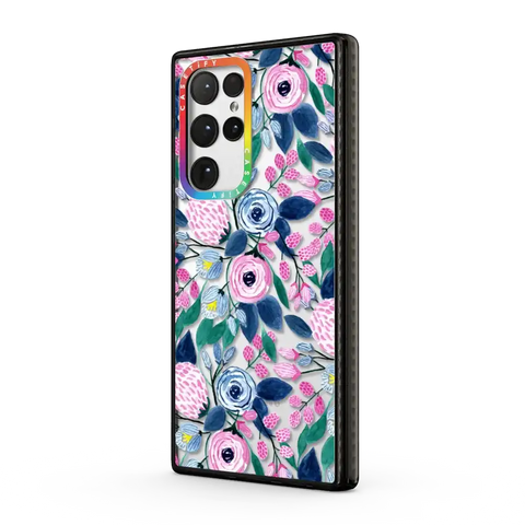 Girly Pink Navy Blue Watercolor Flowers Roses Leaves Pattern