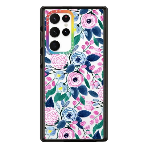 Girly Pink Navy Blue Watercolor Flowers Roses Leaves Pattern