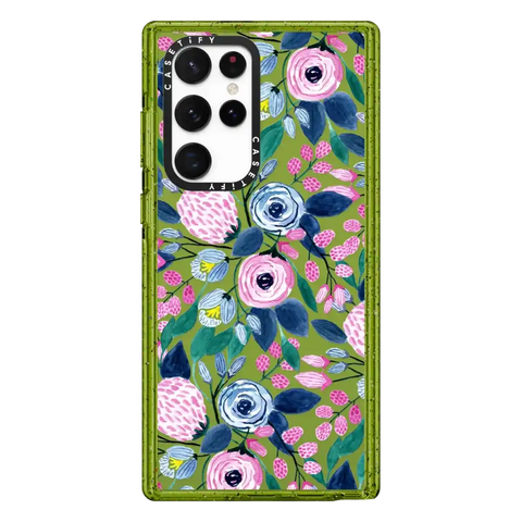 Girly Pink Navy Blue Watercolor Flowers Roses Leaves Pattern