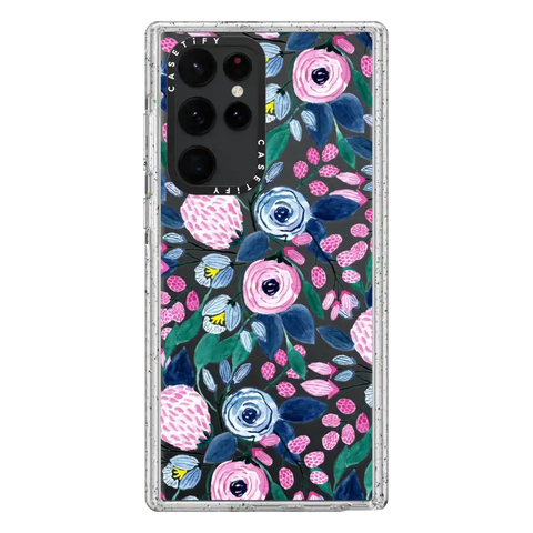 Girly Pink Navy Blue Watercolor Flowers Roses Leaves Pattern
