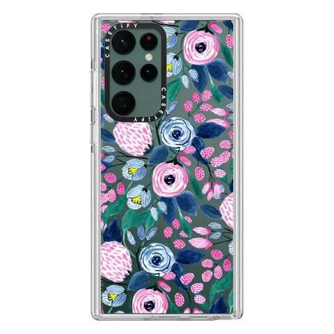 Girly Pink Navy Blue Watercolor Flowers Roses Leaves Pattern