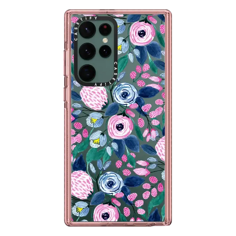 Girly Pink Navy Blue Watercolor Flowers Roses Leaves Pattern