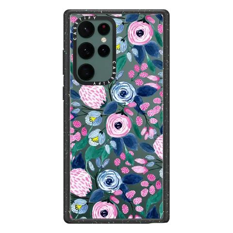 Girly Pink Navy Blue Watercolor Flowers Roses Leaves Pattern