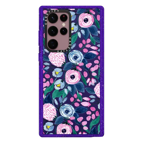 Girly Pink Navy Blue Watercolor Flowers Roses Leaves Pattern