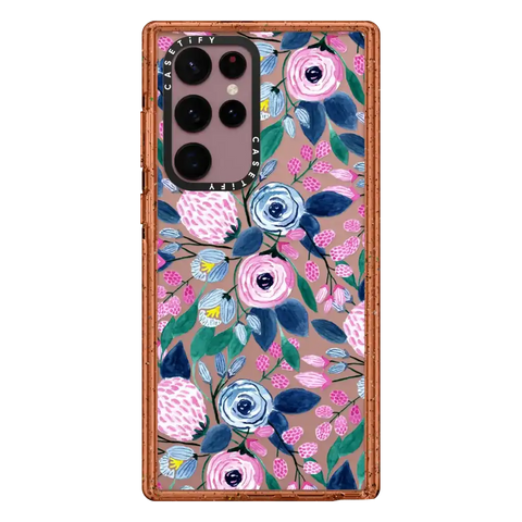 Girly Pink Navy Blue Watercolor Flowers Roses Leaves Pattern