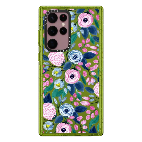 Girly Pink Navy Blue Watercolor Flowers Roses Leaves Pattern