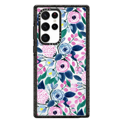 Girly Pink Navy Blue Watercolor Flowers Roses Leaves Pattern