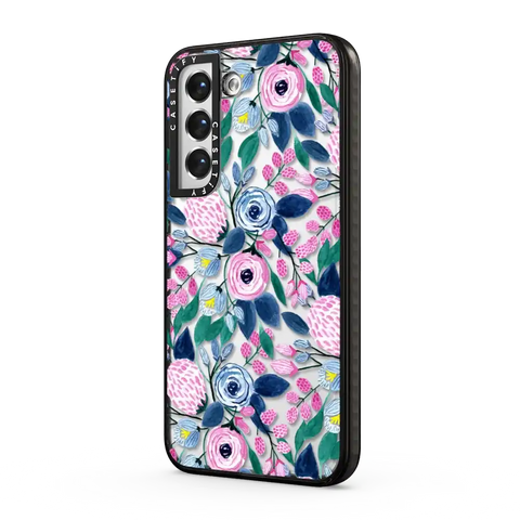 Girly Pink Navy Blue Watercolor Flowers Roses Leaves Pattern