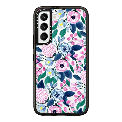 Girly Pink Navy Blue Watercolor Flowers Roses Leaves Pattern