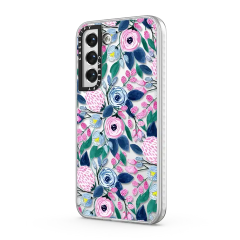 Girly Pink Navy Blue Watercolor Flowers Roses Leaves Pattern