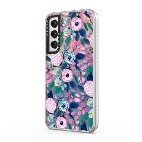 Girly Pink Navy Blue Watercolor Flowers Roses Leaves Pattern