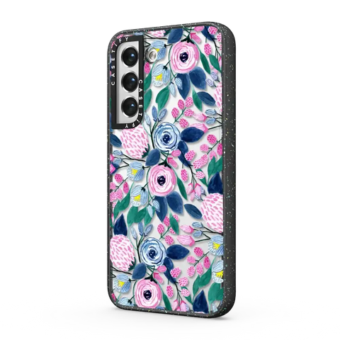 Girly Pink Navy Blue Watercolor Flowers Roses Leaves Pattern