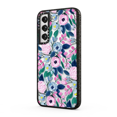 Girly Pink Navy Blue Watercolor Flowers Roses Leaves Pattern