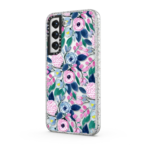 Girly Pink Navy Blue Watercolor Flowers Roses Leaves Pattern