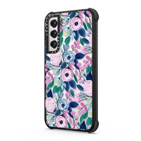 Girly Pink Navy Blue Watercolor Flowers Roses Leaves Pattern