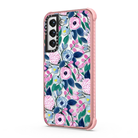 Girly Pink Navy Blue Watercolor Flowers Roses Leaves Pattern