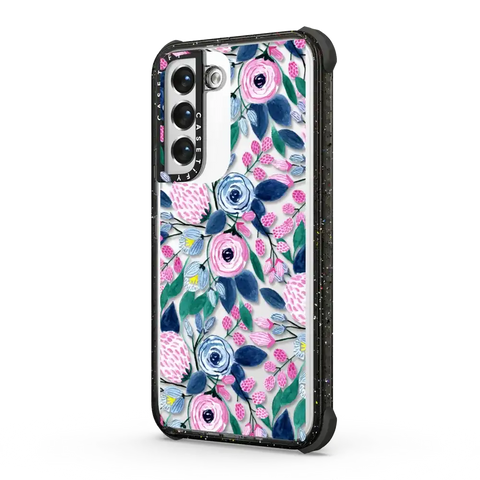 Girly Pink Navy Blue Watercolor Flowers Roses Leaves Pattern