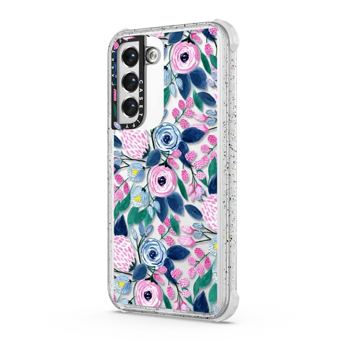Girly Pink Navy Blue Watercolor Flowers Roses Leaves Pattern