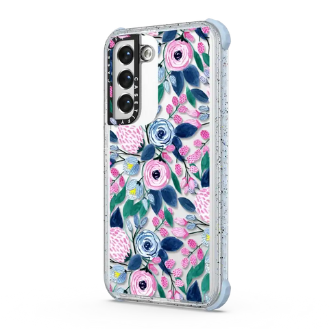 Girly Pink Navy Blue Watercolor Flowers Roses Leaves Pattern