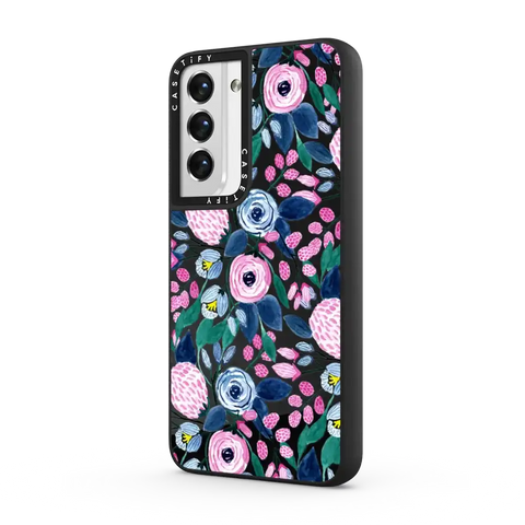 Girly Pink Navy Blue Watercolor Flowers Roses Leaves Pattern