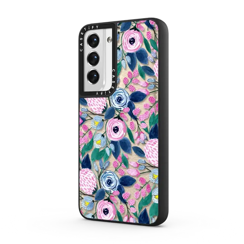 Girly Pink Navy Blue Watercolor Flowers Roses Leaves Pattern