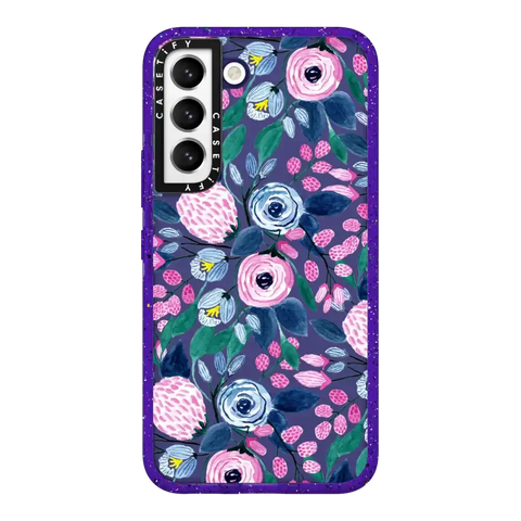 Girly Pink Navy Blue Watercolor Flowers Roses Leaves Pattern