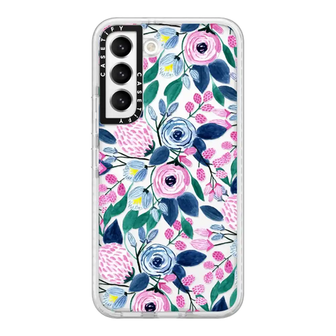 Girly Pink Navy Blue Watercolor Flowers Roses Leaves Pattern
