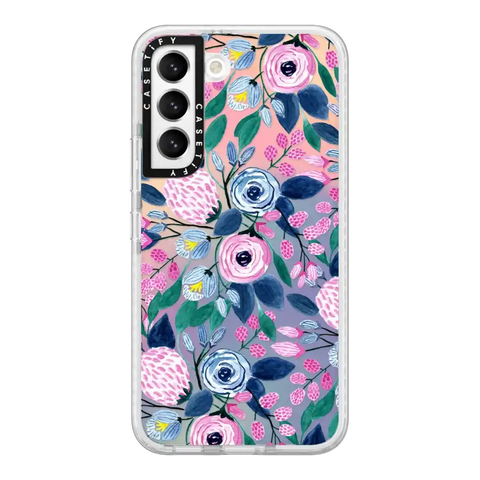 Girly Pink Navy Blue Watercolor Flowers Roses Leaves Pattern