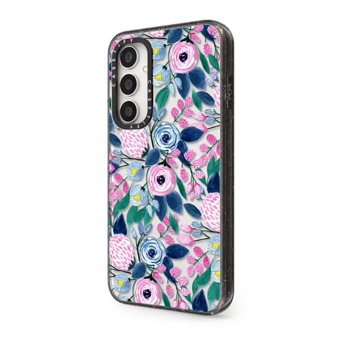 Girly Pink Navy Blue Watercolor Flowers Roses Leaves Pattern