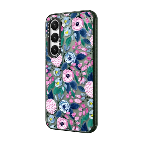 Girly Pink Navy Blue Watercolor Flowers Roses Leaves Pattern
