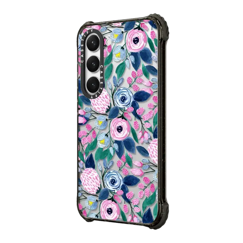 Girly Pink Navy Blue Watercolor Flowers Roses Leaves Pattern