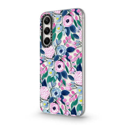 Girly Pink Navy Blue Watercolor Flowers Roses Leaves Pattern
