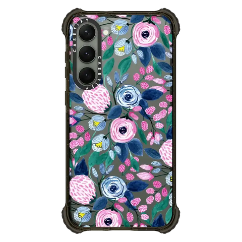 Girly Pink Navy Blue Watercolor Flowers Roses Leaves Pattern