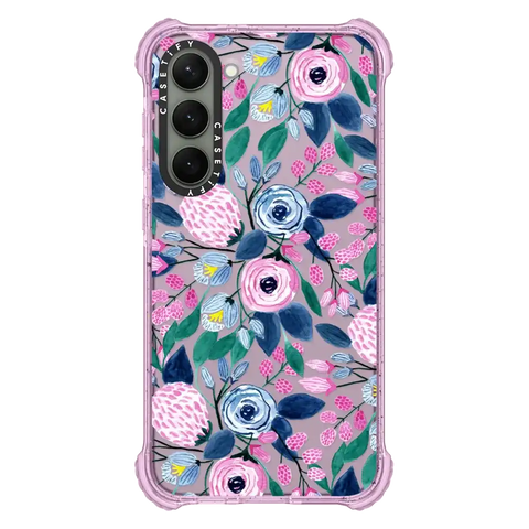 Girly Pink Navy Blue Watercolor Flowers Roses Leaves Pattern