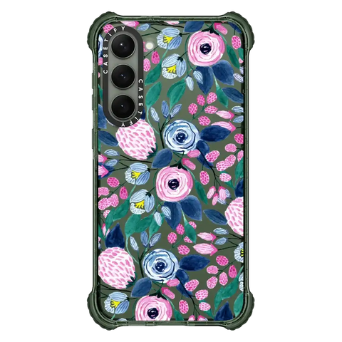 Girly Pink Navy Blue Watercolor Flowers Roses Leaves Pattern