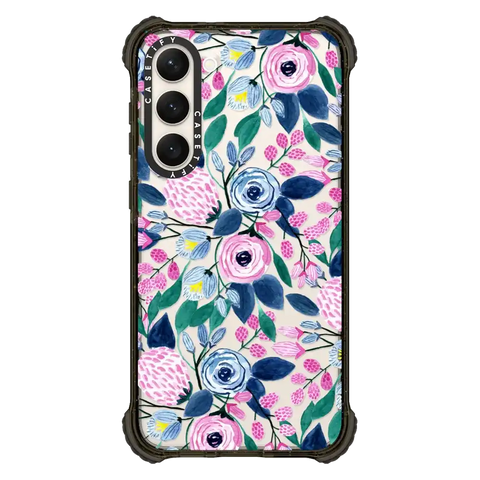 Girly Pink Navy Blue Watercolor Flowers Roses Leaves Pattern