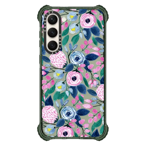 Girly Pink Navy Blue Watercolor Flowers Roses Leaves Pattern