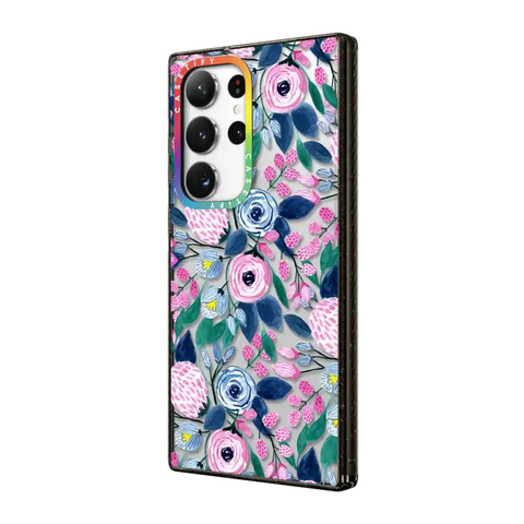 Girly Pink Navy Blue Watercolor Flowers Roses Leaves Pattern