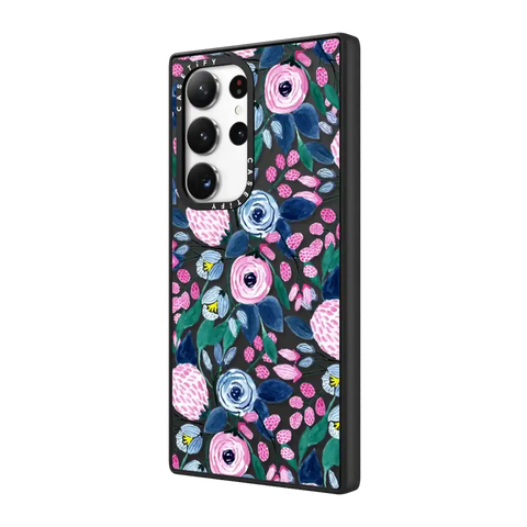 Girly Pink Navy Blue Watercolor Flowers Roses Leaves Pattern