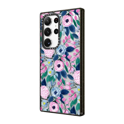 Girly Pink Navy Blue Watercolor Flowers Roses Leaves Pattern
