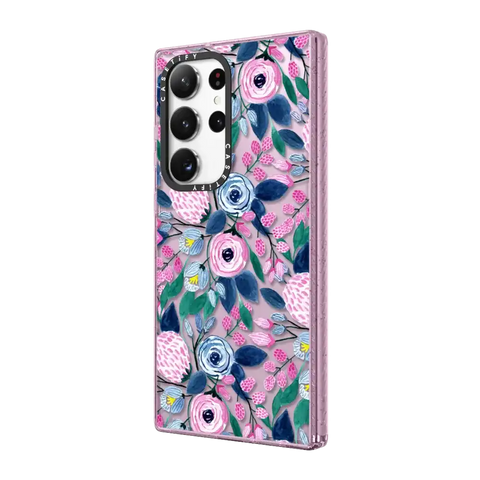 Girly Pink Navy Blue Watercolor Flowers Roses Leaves Pattern