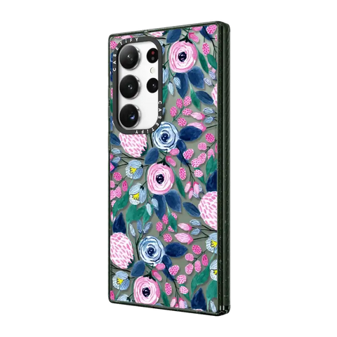 Girly Pink Navy Blue Watercolor Flowers Roses Leaves Pattern