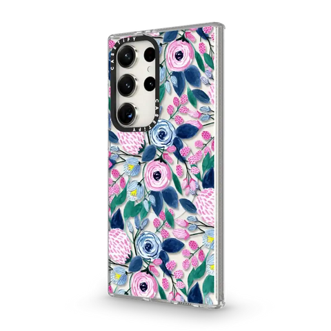 Girly Pink Navy Blue Watercolor Flowers Roses Leaves Pattern