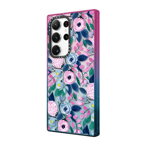 Girly Pink Navy Blue Watercolor Flowers Roses Leaves Pattern